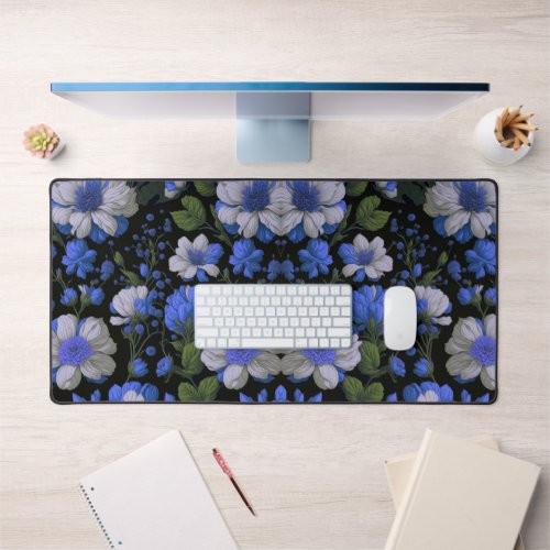 Elegant silver blue white elegant retro florals desk mat