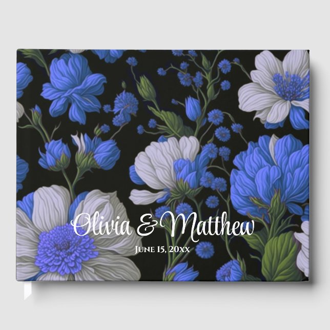 Elegant silver blue white elegant retro florals  guest book (Front)