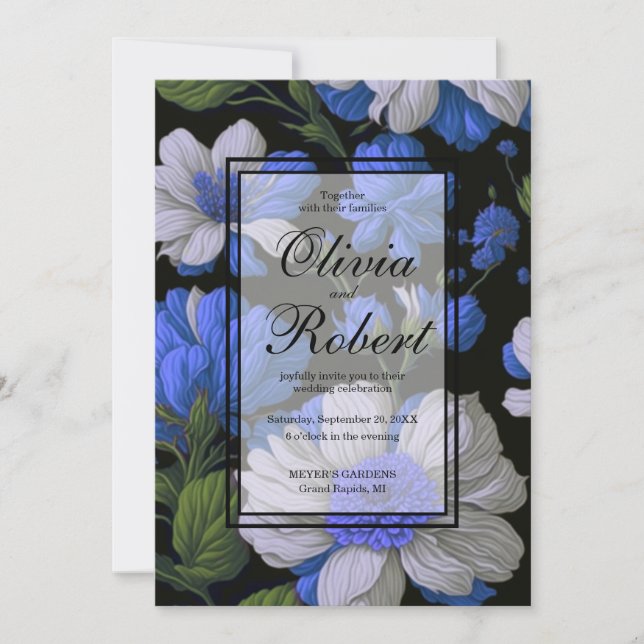 Elegant silver blue white elegant retro florals invitation (Front)