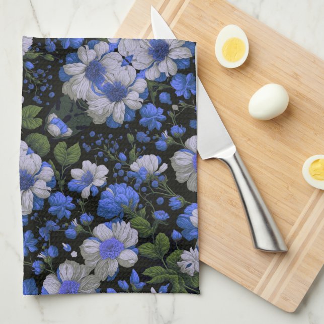 Elegant silver blue white elegant retro florals kitchen towel (Quarter Fold)