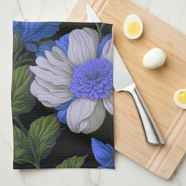 Elegant silver blue white elegant retro florals kitchen towel (Quarter Fold)
