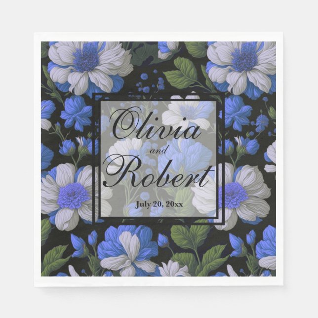 Elegant silver blue white elegant retro florals  napkins (Front)