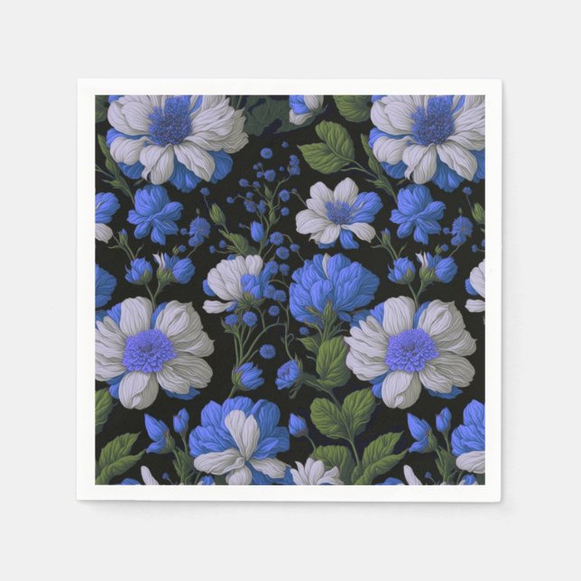 Elegant silver blue white elegant retro florals napkins (Front)