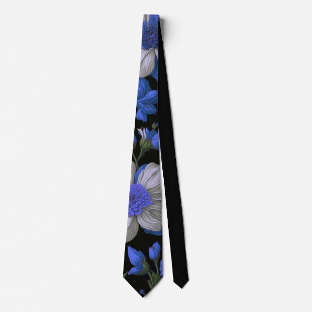 Elegant silver blue white elegant retro florals neck tie (Front)