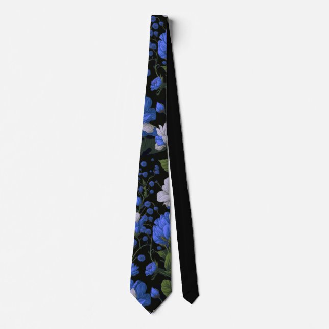 Elegant silver blue white elegant retro florals neck tie (Front)