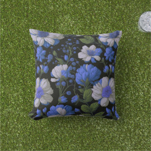 Elegant silver blue white elegant retro florals outdoor pillow