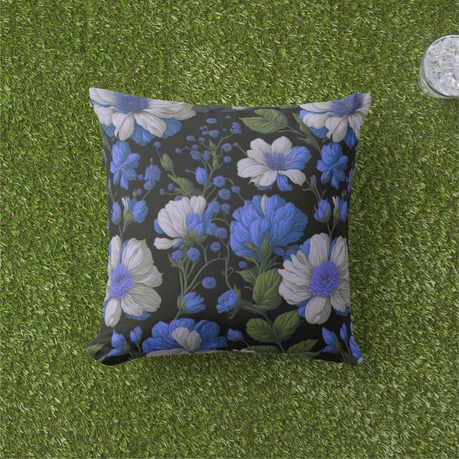 Elegant silver blue white elegant retro florals outdoor pillow (Grass)