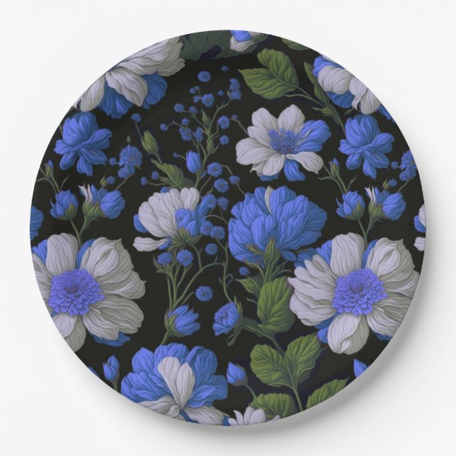 Elegant silver blue white elegant retro florals paper plates (Front)