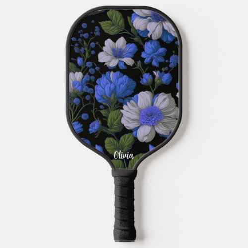 Elegant silver blue white elegant retro florals pickleball paddle