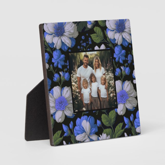 Elegant silver blue white elegant retro florals plaque (Front)