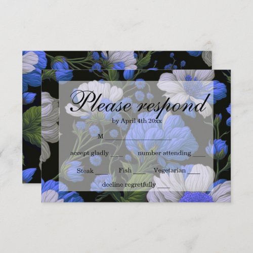 Elegant silver blue white elegant retro florals RSVP card