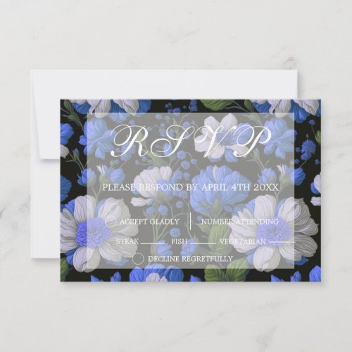 Elegant silver blue white elegant retro florals  RSVP card