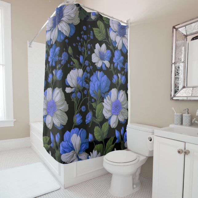 Elegant silver blue white elegant retro florals shower curtain (In Situ)