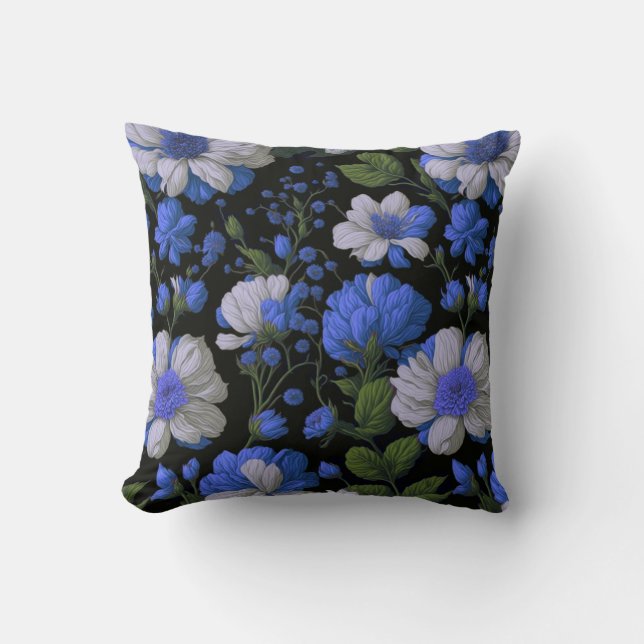 Elegant silver blue white elegant retro florals throw pillow (Front)