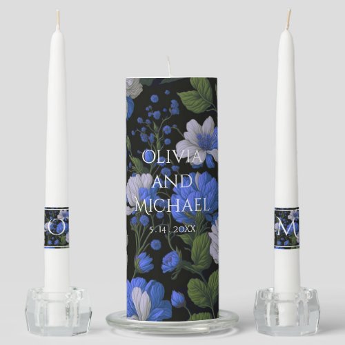 Elegant silver blue white elegant retro florals unity candle set