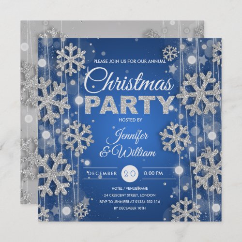 Elegant Silver Blue Winter Glam Christmas Party Invitation