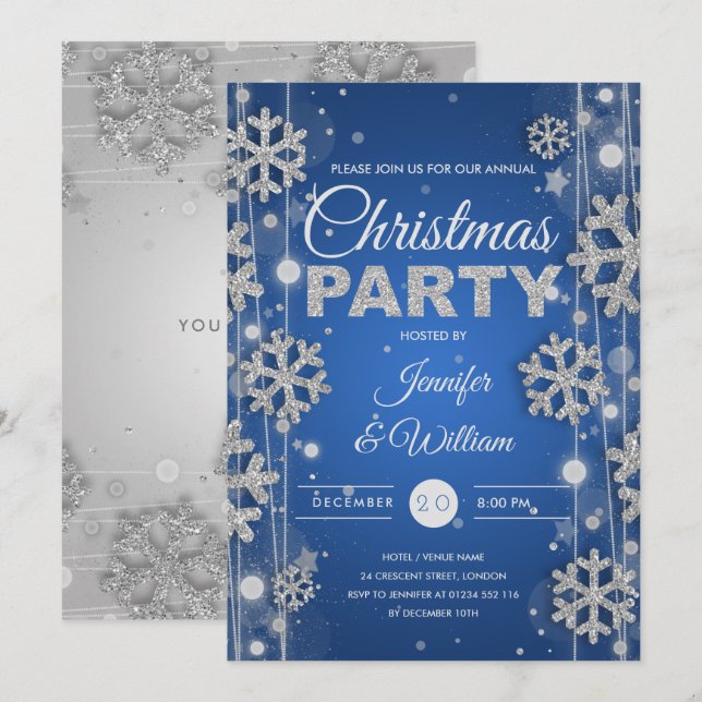 Elegant Silver Blue Winter Glam Christmas Party Invitation (Front/Back)