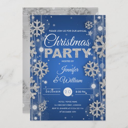 Elegant Silver Blue Winter Glam Christmas Party Invitation