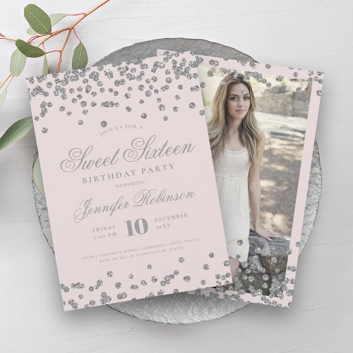 Elegant Silver Blush Confetti Photo Sweet 16   Invitation
