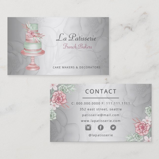 Elegant Silver Blush Floral Wedding Cake Makers Business Card (Front/Back)