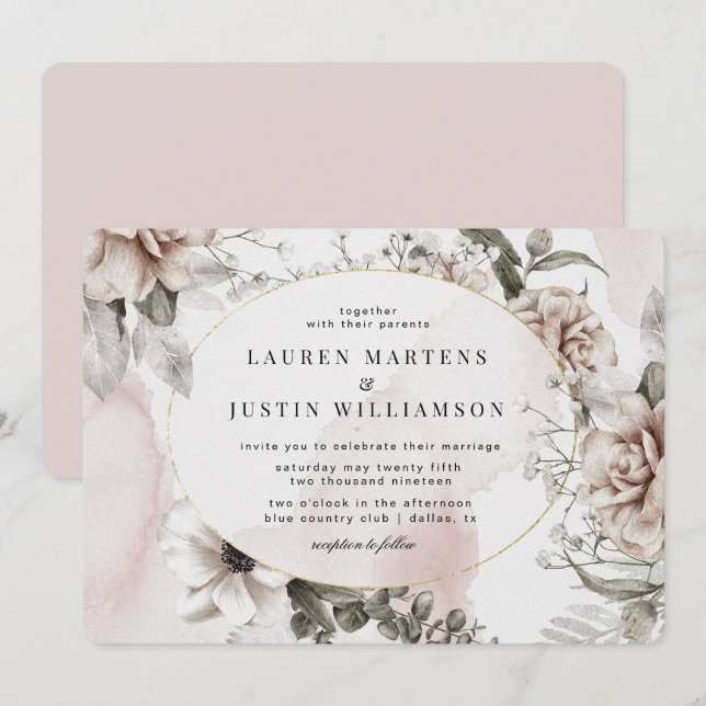 elegant silver blush floral Wedding Invitation (Front/Back)