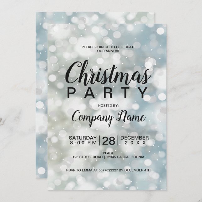 Elegant silver bokeh snow corporate Christmas Invitation (Front/Back)