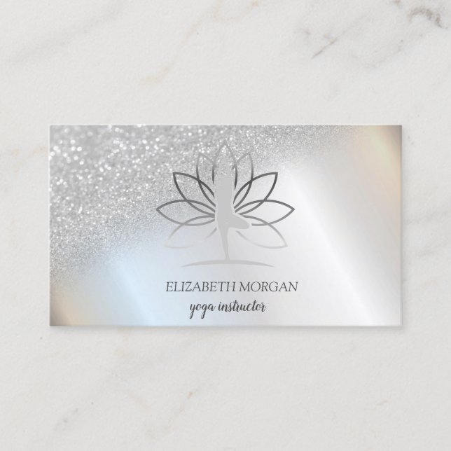 Elegant Silver Bokeh Women Silhouette Lotus Business Card (Front)