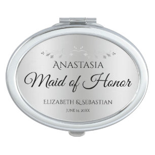 Elegant Silver Border Maid of Honor Wedding Favor Compact Mirror