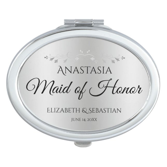 Elegant Silver Border Maid of Honor Wedding Favor Compact Mirror (Front)
