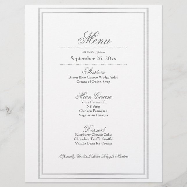 Elegant Silver Border Wedding Dinner Menu Letterhead (Front)