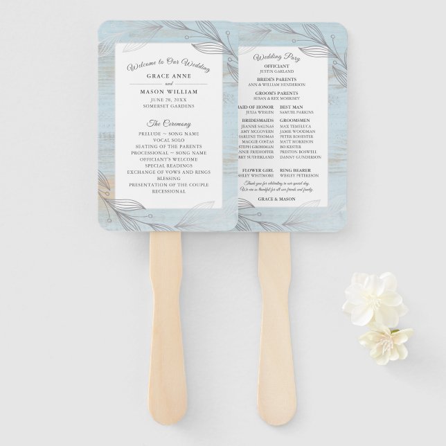 Elegant Silver Botanical Leaves Wedding Program Hand Fan (Front and Back)