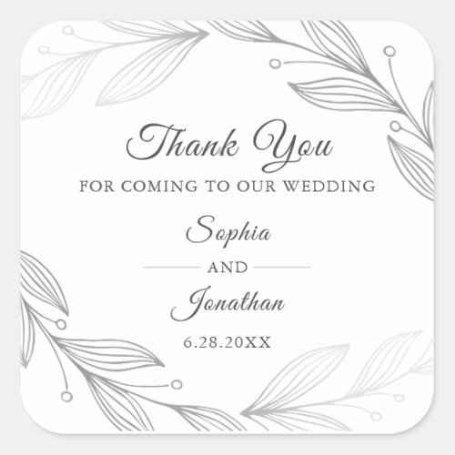 Elegant Silver Botanical Leaves Wedding Thank You Square Sticker