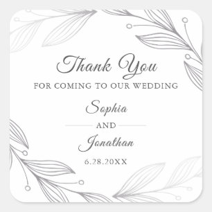 Elegant Silver Botanical Leaves Wedding Thank You Square Sticker