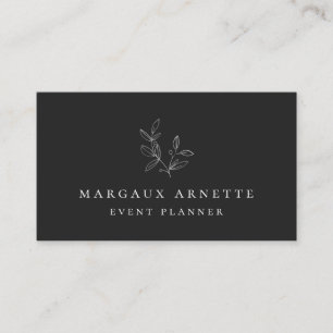 Elegant Silver Botanical Logo Black Business Card