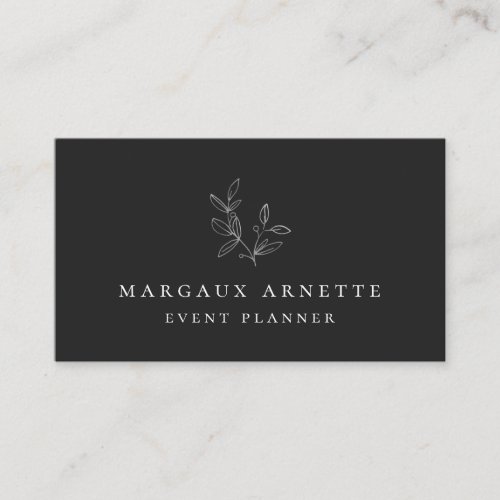 Elegant Silver Botanical Logo Black Business Card