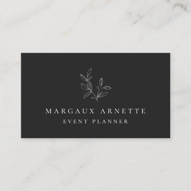 Elegant Silver Botanical Logo Black Business Card (Front)