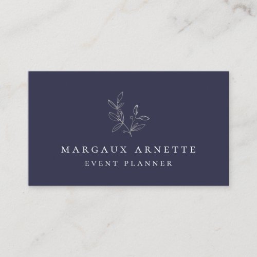 Elegant Silver Botanical Logo Blue Business Card