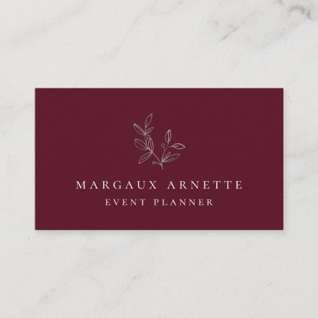 Elegant Silver Botanical Logo Bordeaux Business Card (Front)