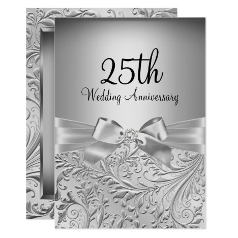 Elegant Silver Bow Floral Swirl 25th Anniversary Invitation
