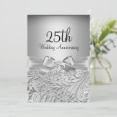 Elegant Silver Bow Floral Swirl 25th Anniversary Invitation (Standing Front)