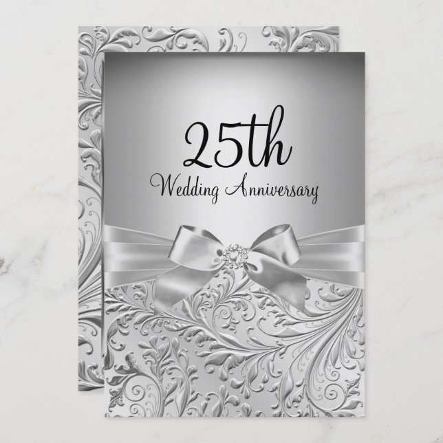 Elegant Silver Bow Floral Swirl 25th Anniversary Invitation (Front/Back)