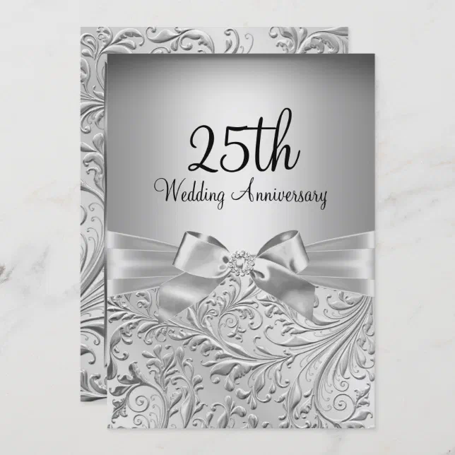 Elegant Silver Bow Floral Swirl 25th Anniversary Invitation | Zazzle