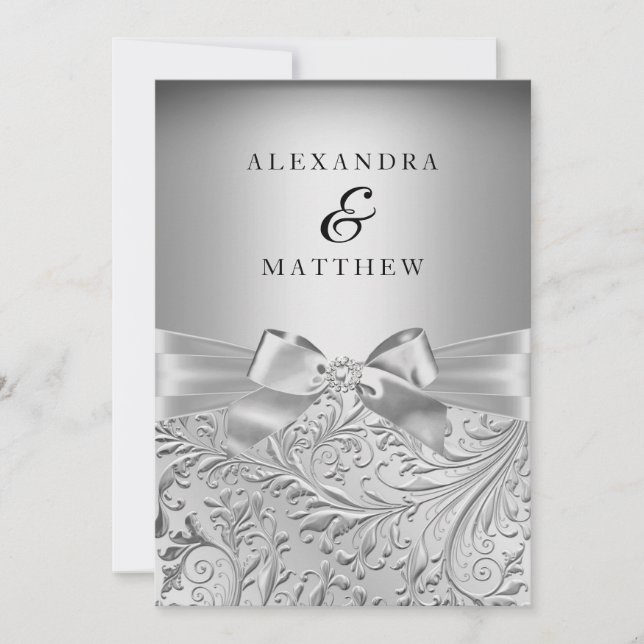 Elegant Silver Bow Silver Leaf Swirl Wedding Invitation (Front)