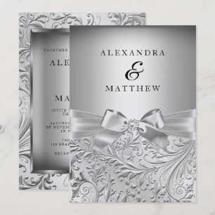 Elegant Silver Bow Silver Leaf Swirl Wedding Invitation