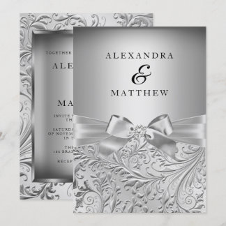 Elegant Silver Bow Silver Leaf Swirl Wedding Invitation
