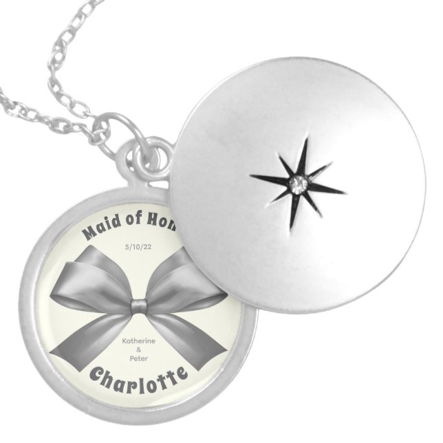 Elegant Silver Bow Wedding Favor for Bridesmaid Locket Necklace (Front)