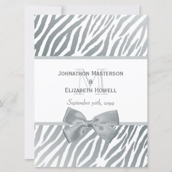 Elegant Silver Bow Zebra Print Monogram Wedding Invitation by PhotographyTKDesigns at Zazzle