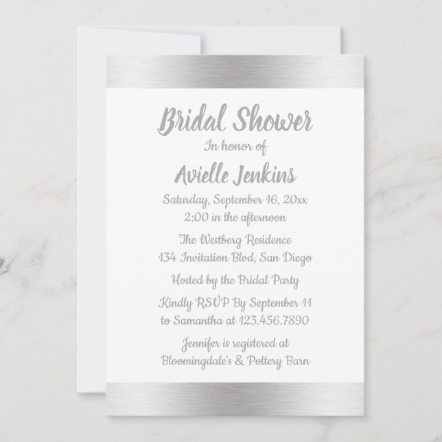 Elegant Silver Bridal Shower Metallic Glam Wedding Invitation (Front)