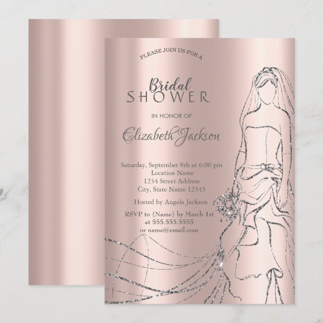 Elegant Silver Bride, Rose Gold Bridal Shower Invi Invitation (Front/Back)