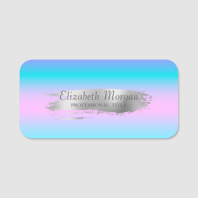 Elegant Silver Brush Stroke,Ombre Holographic Name Tag (Front)